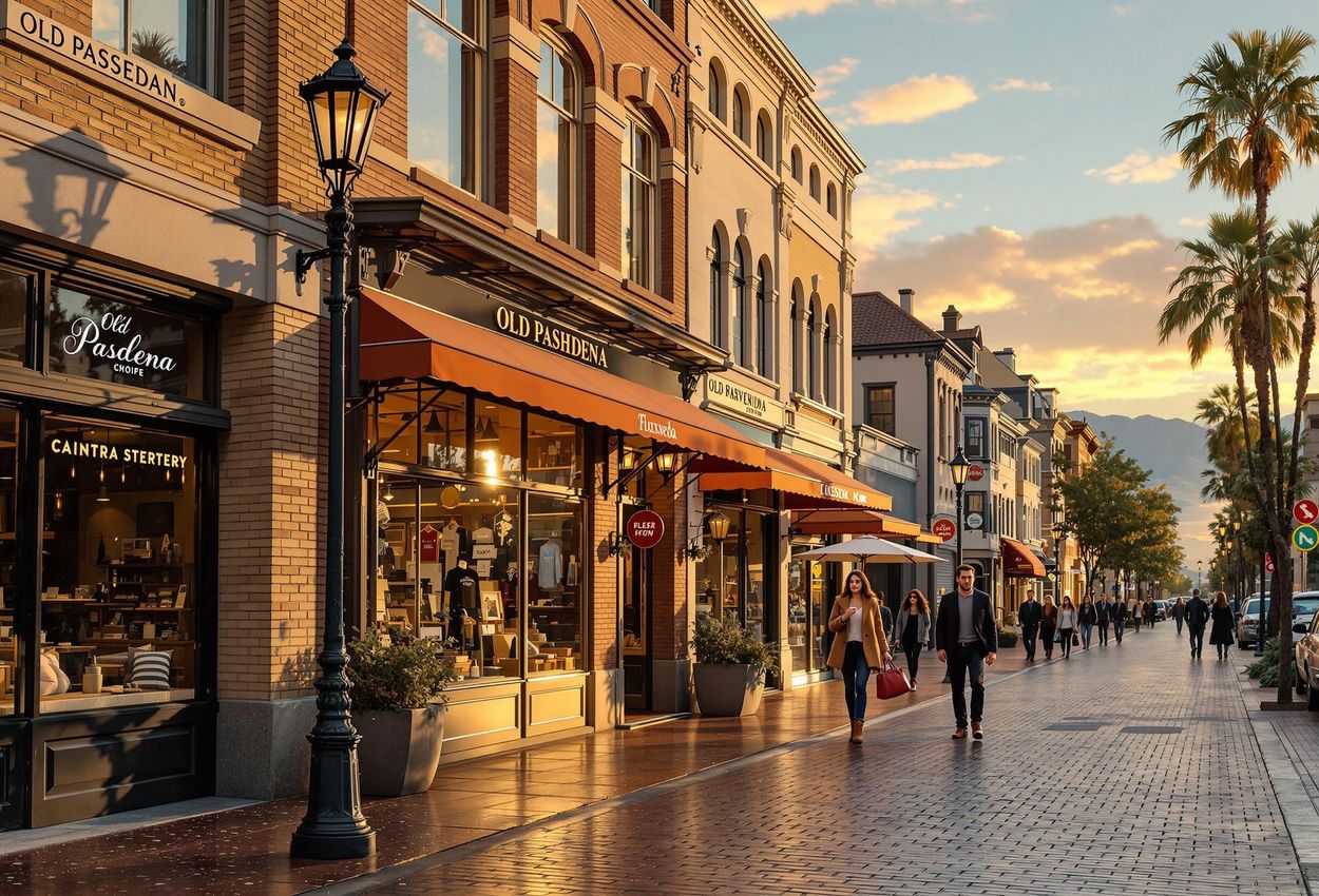 A scenic photograph capturing the charm of Old Pasadena, California, showcasing its historic architecture and vibrant atmosphere during the warm glow of golden hour.