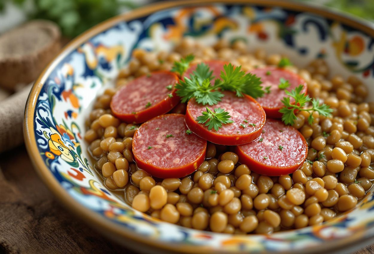 Lenticchie con Cotechino: A Traditional Italian New Year A close-up photograph of lenticchie con cotechino served in a traditional Italian ceramic bowl. The image highlights the textures and colors of this rustic Italian dish, a symbol of prosperity for the New Year.