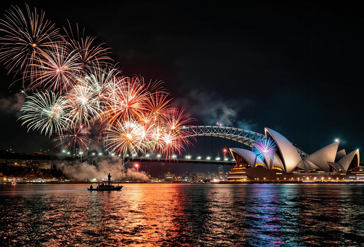 A stunning photograph of the Sydney Harbour Bridge fireworks display with the Sydney Opera House in the foreground, captured during New Year