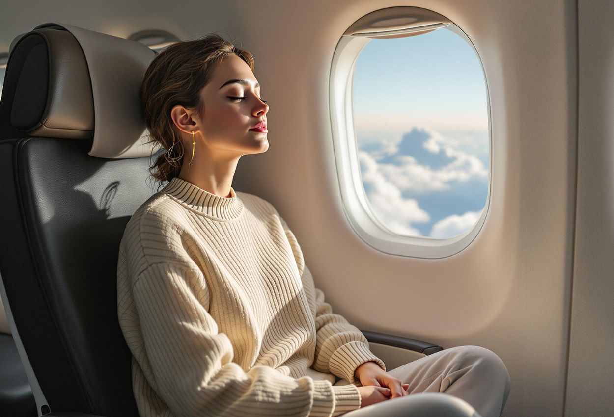 A calming photograph of a traveler meditating on an airplane, bathed in soft light. Captures a moment of peace and tranquility amidst the journey.