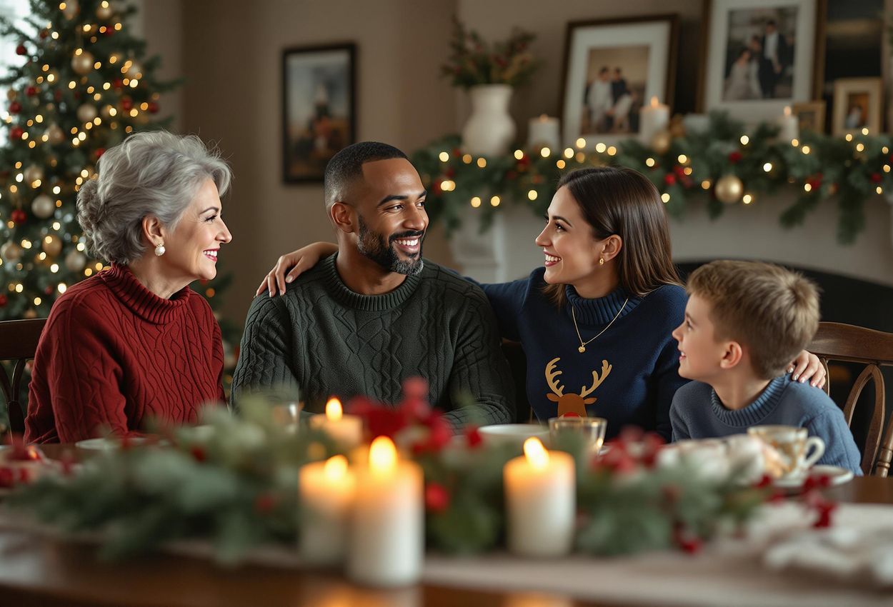 A genuine family shares a moment of mindful communication during their Christmas celebration. The photo captures the warmth, connection, and understated luxury of the holiday season.