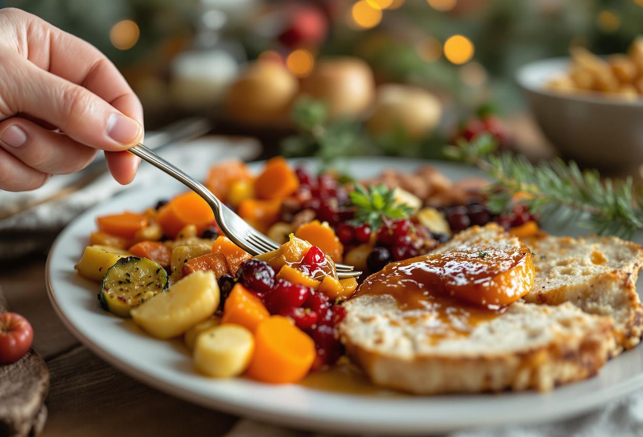 A close-up photograph of a plate of colorful holiday food, with a hand gently holding a fork, poised to take a bite. The image captures the textures, colors, and aromas of a festive meal in soft, diffused light.