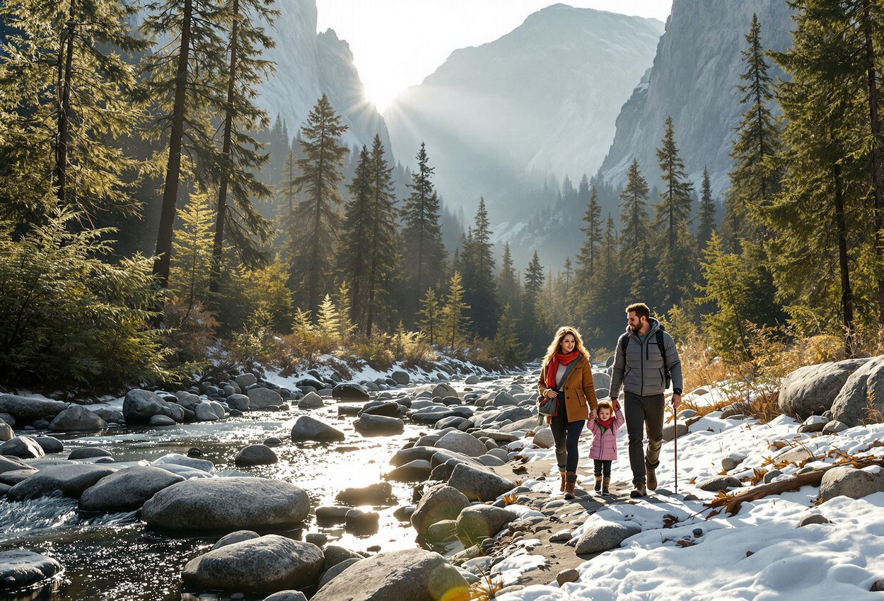 A visually descriptive image of a family enjoying a mindful walk on the scenic Mist Trail in Yosemite National Park, surrounded by lush greenery and towering granite cliffs.