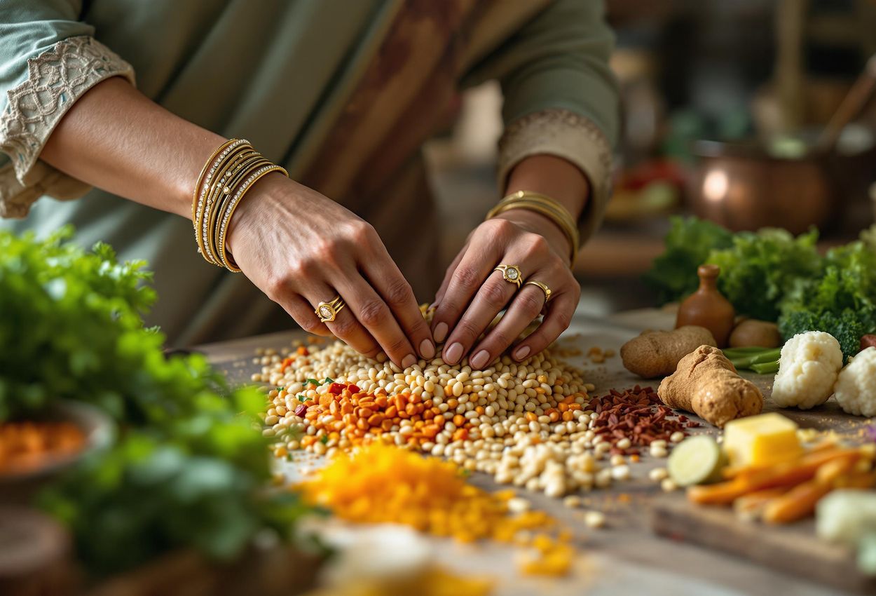A close-up photograph of hands preparing a traditional Ayurvedic meal in a rustic kitchen, emphasizing fresh ingredients and mindful cooking.