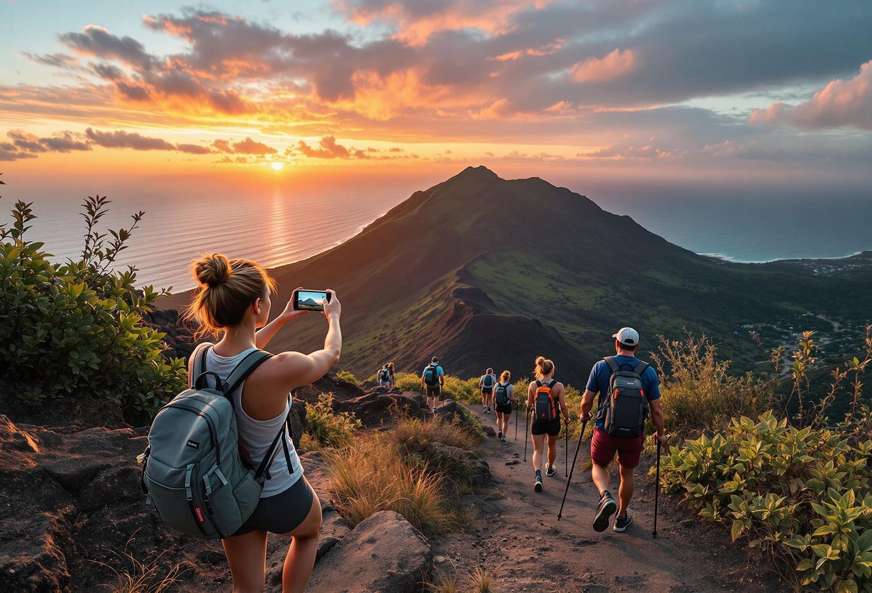 A wide-angle photograph captures the vibrant sunrise over Diamond Head crater in Hawaii on New Year