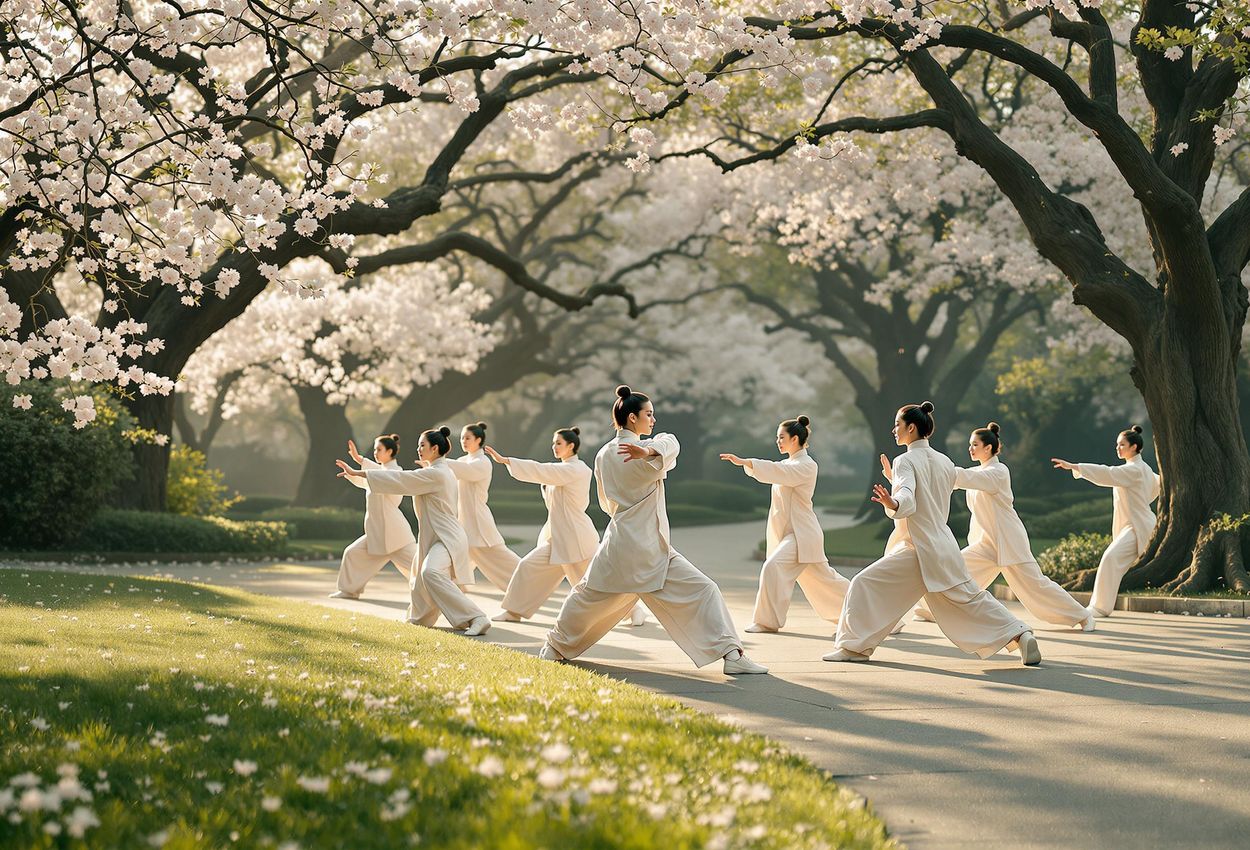 A photograph capturing a group of people practicing Tai Chi in a peaceful park during the early morning, showcasing the harmony between mind, body, and nature.