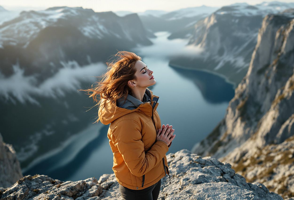 A photograph of a traveler expressing gratitude on Trolltunga, Norway. The image captures the stunning natural scenery and the traveler