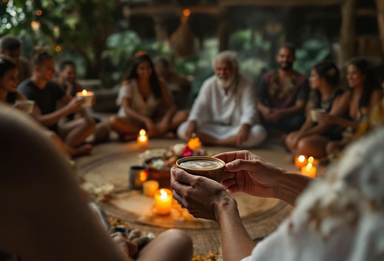 A candid photograph capturing a Mayan cacao ceremony. Participants are seated in a circle, holding cups of cacao, with a shaman leading the ceremony in a warm and inviting atmosphere.