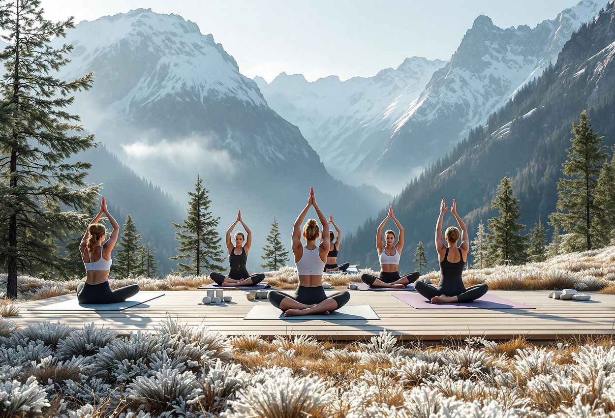 A photograph of a peaceful wellness retreat in the Swiss Alps. A group practices yoga outdoors surrounded by snow-capped mountains and lush greenery, capturing a moment of tranquility and rejuvenation.