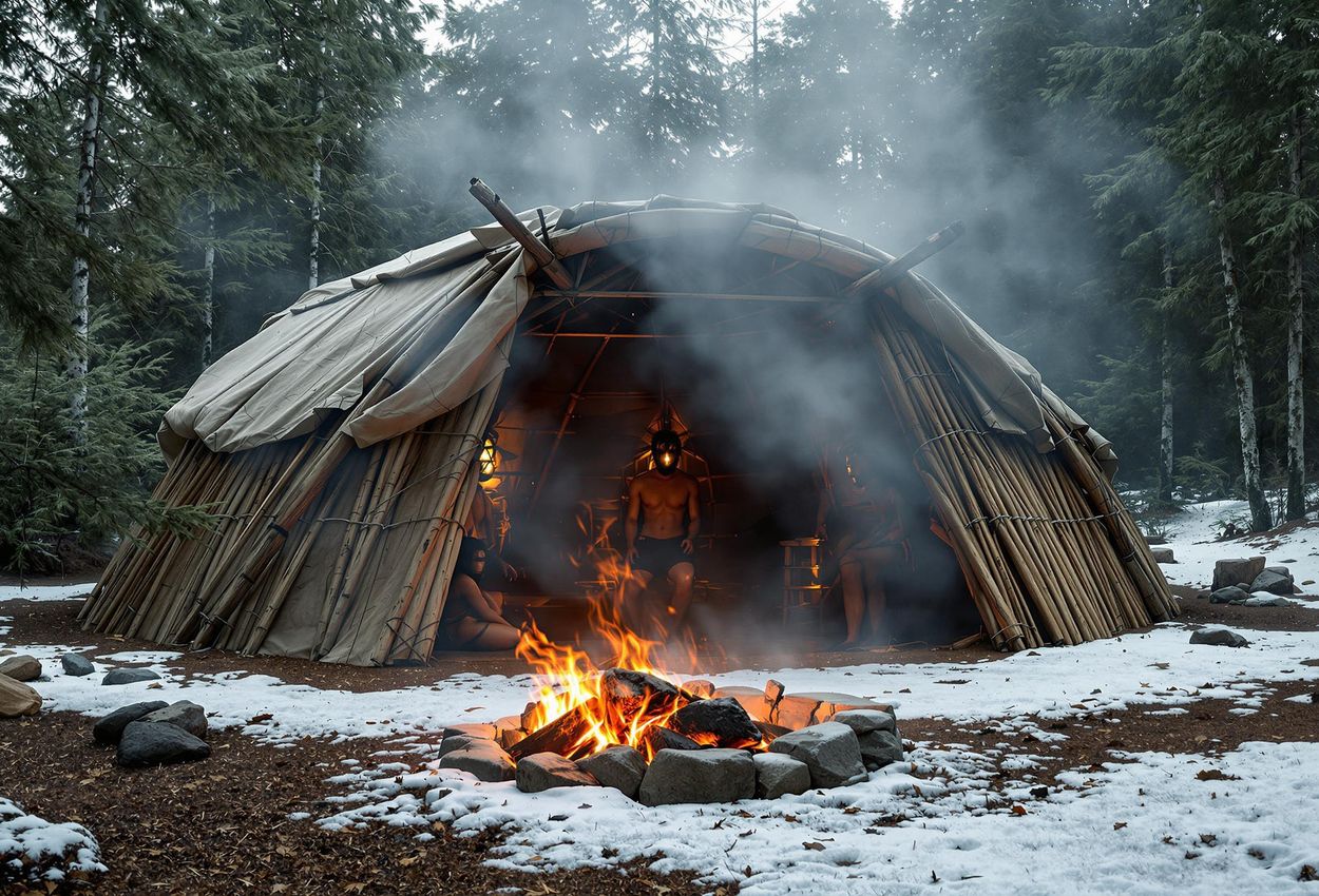 A photograph capturing the intense spiritual atmosphere of a Native American sweat lodge ceremony on a winter day. Steam rises from the traditional lodge, symbolizing purification and connection to the spirit world.