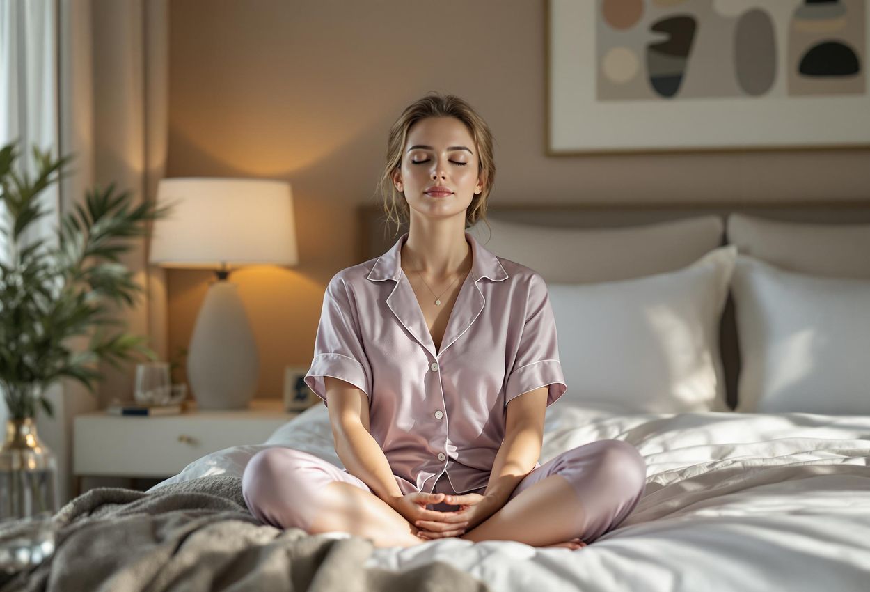 A photograph of a traveler peacefully meditating in a cozy, warmly lit hotel room, preparing for a restful night