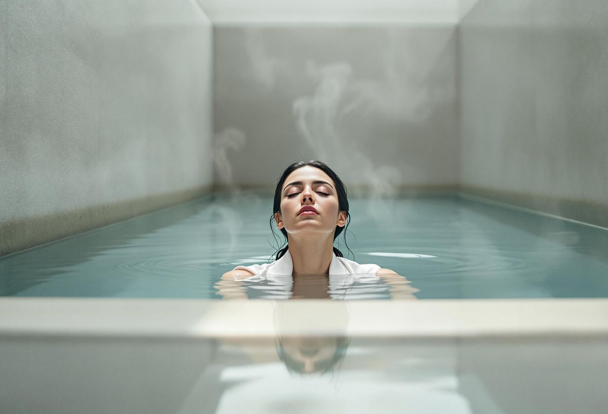 A photograph capturing a woman in a moment of peaceful immersion in a modern Mikvah, featuring clean architectural lines and soft natural light.