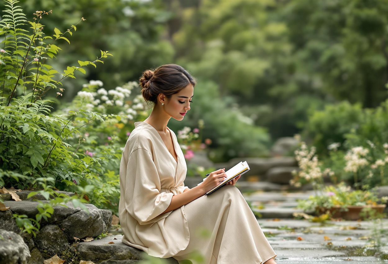 A woman finds inner peace journaling in a serene garden setting, bathed in soft, natural light. The photograph captures a moment of mindfulness and tranquility.