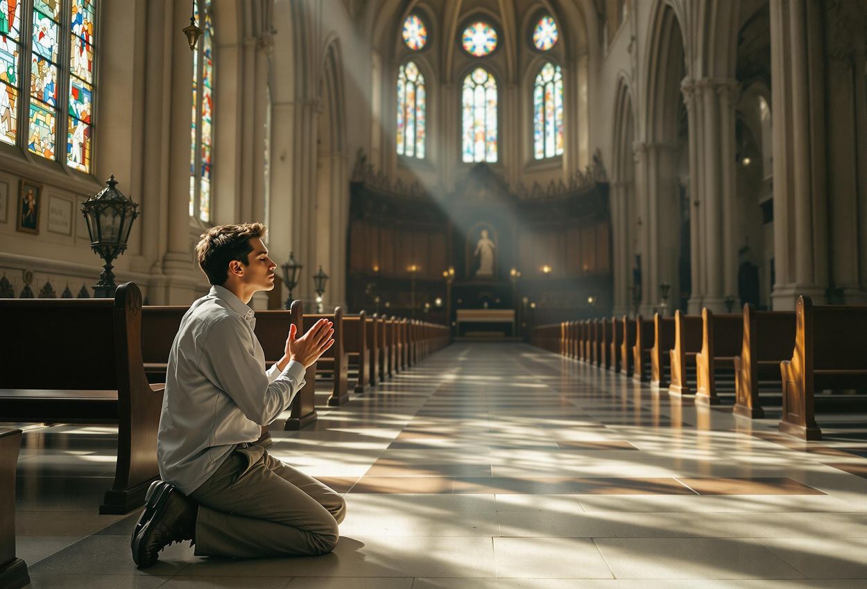 A photograph capturing a traveler in prayer inside a cathedral, bathed in soft light, showcasing architectural grandeur and a moment of spiritual connection.