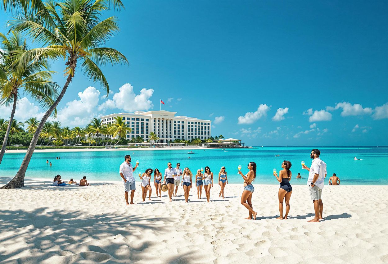 A scenic photograph capturing the beauty of Seven Mile Beach in Grand Cayman, featuring the iconic Ritz-Carlton, turquoise waters, and joyful people enjoying the Cayman Cookout.