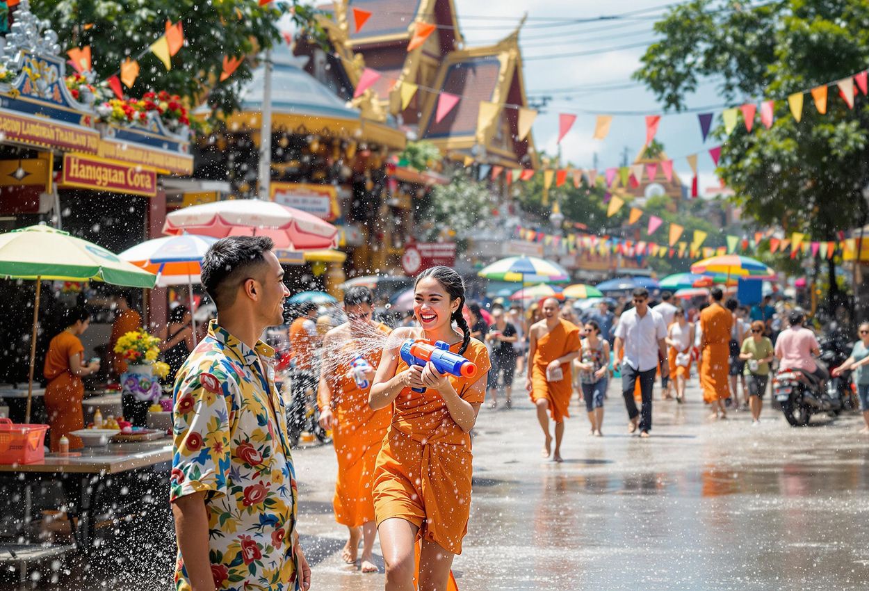 A vibrant photograph capturing the lively Songkran festival in Chiang Mai, Thailand, featuring monks participating in water blessing ceremonies amidst joyful water fights and traditional Thai decorations.