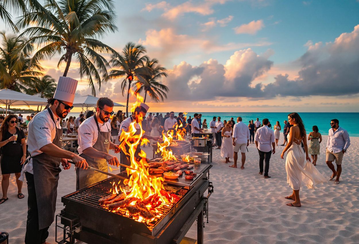 A vibrant photograph captures the lively Barefoot BBQ event on Seven Mile Beach during the Cayman Cookout. Chefs grill meats and seafood as guests enjoy the sunset and music.