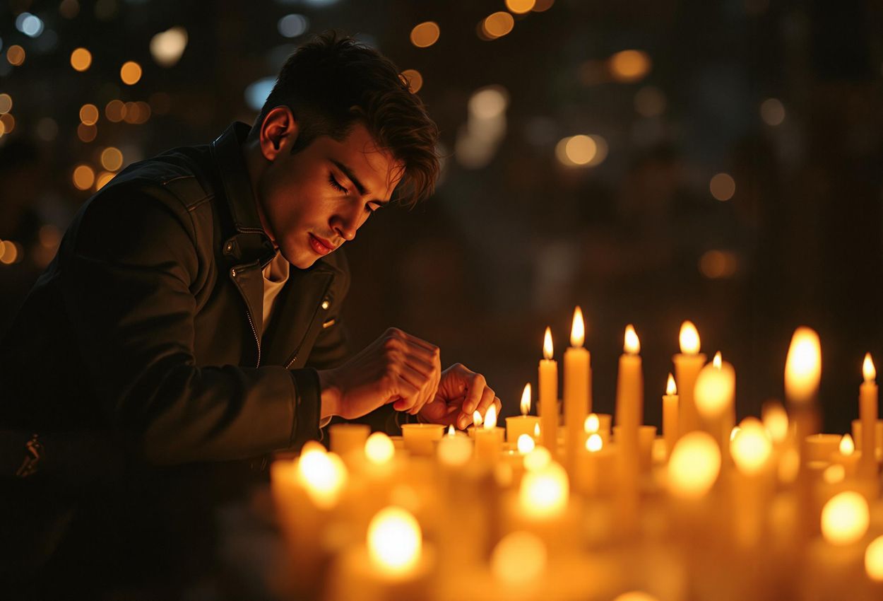 Photographer Captures Candlelight Ceremony on New Year A photographer skillfully adjusts camera settings to capture the soft glow of candles at a traditional New Year