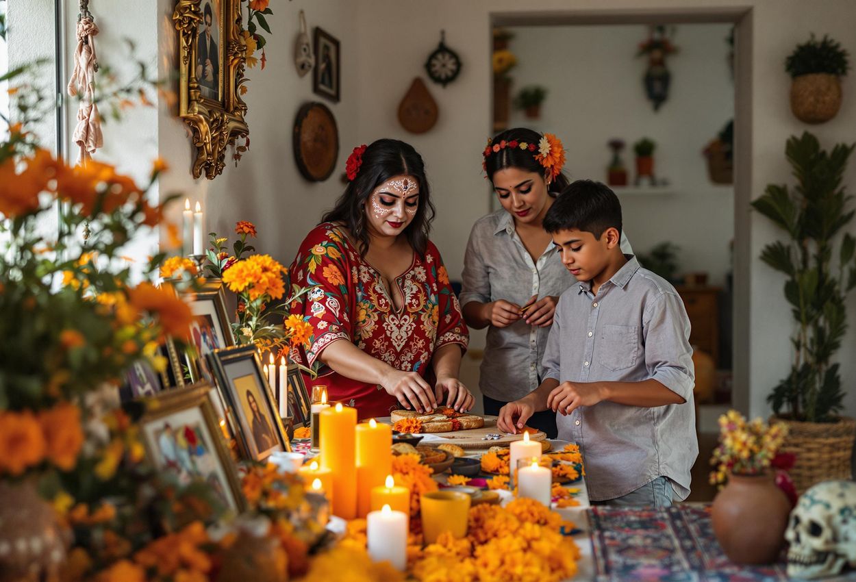A photograph of a family in Oaxaca, Mexico, lovingly constructing a Dia de los Muertos altar adorned with marigolds, candles, and offerings for their deceased loved ones.