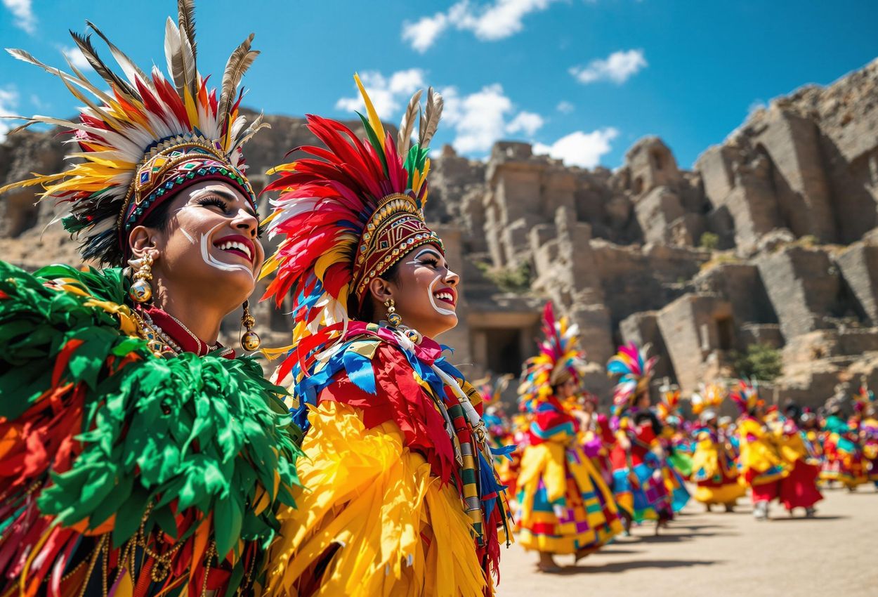 A captivating image of the Inti Raymi festival re-enactment in Cusco, Peru, showcasing the vibrant costumes, ancient ruins, and spiritual energy of Inca heritage.