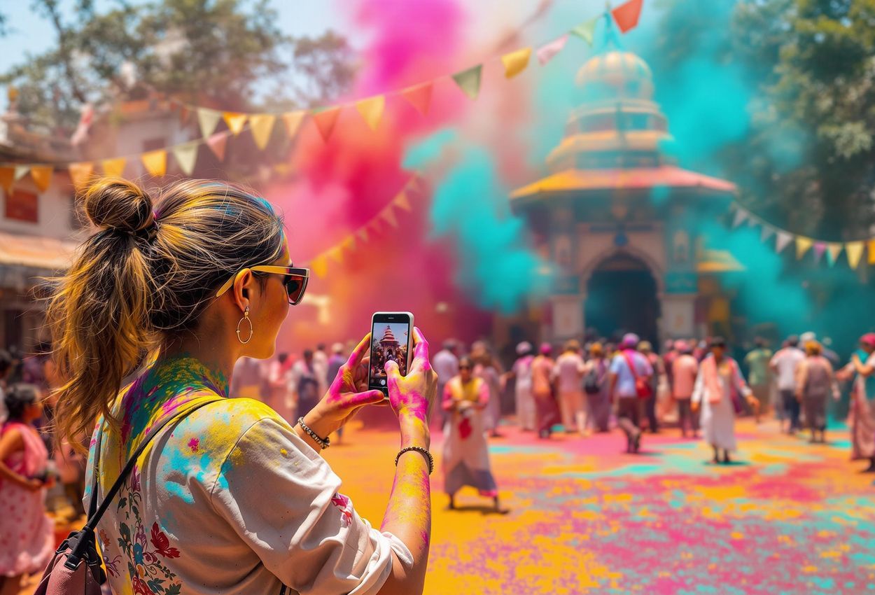 A medium shot depicts a tourist discreetly photographing the Holi festival in Vrindavan, India, capturing the vibrant colors and energy of the religious celebration.