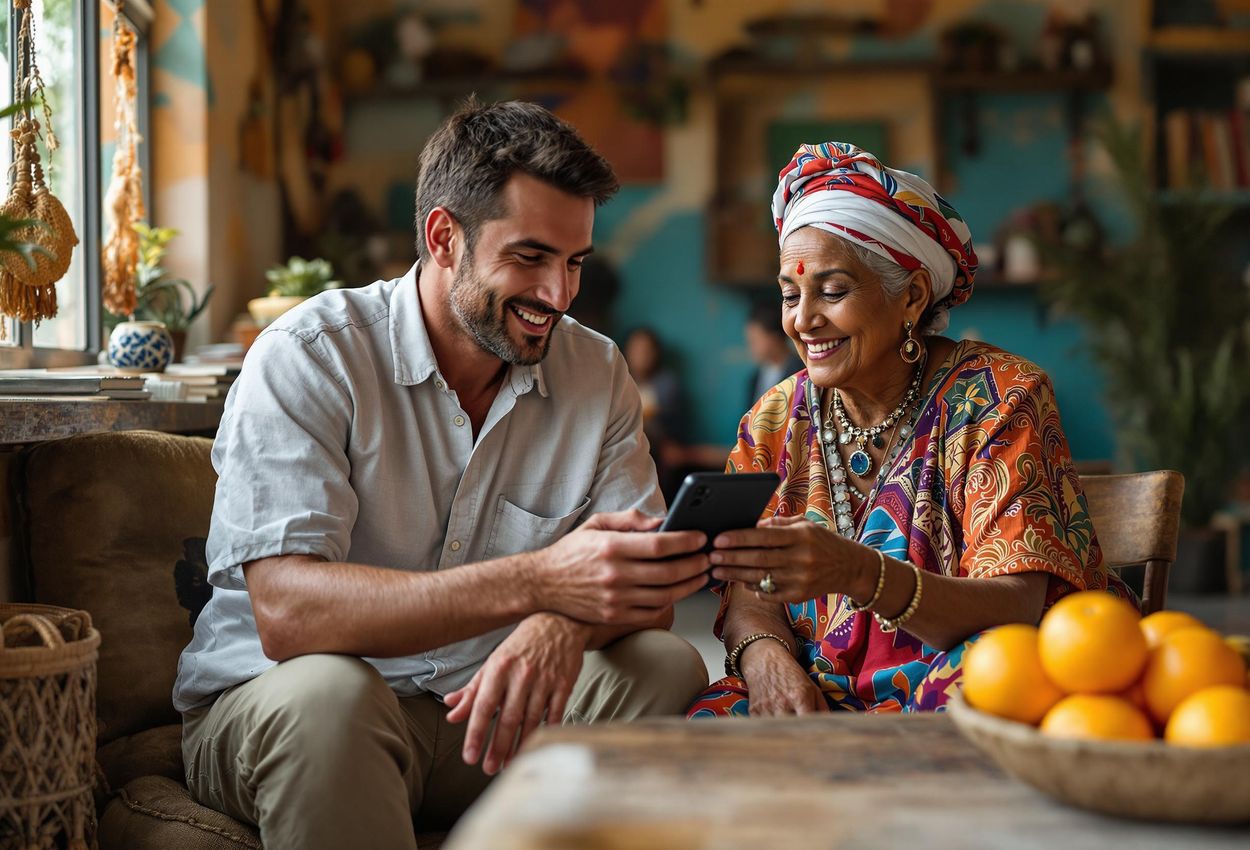 Photographer Reviewing Images with Community Elder in Oaxaca, Mexico A photograph depicting a photographer and a community elder reviewing images together in a vibrant community center in Oaxaca, Mexico. The scene captures a moment of collaboration and cultural exchange.
