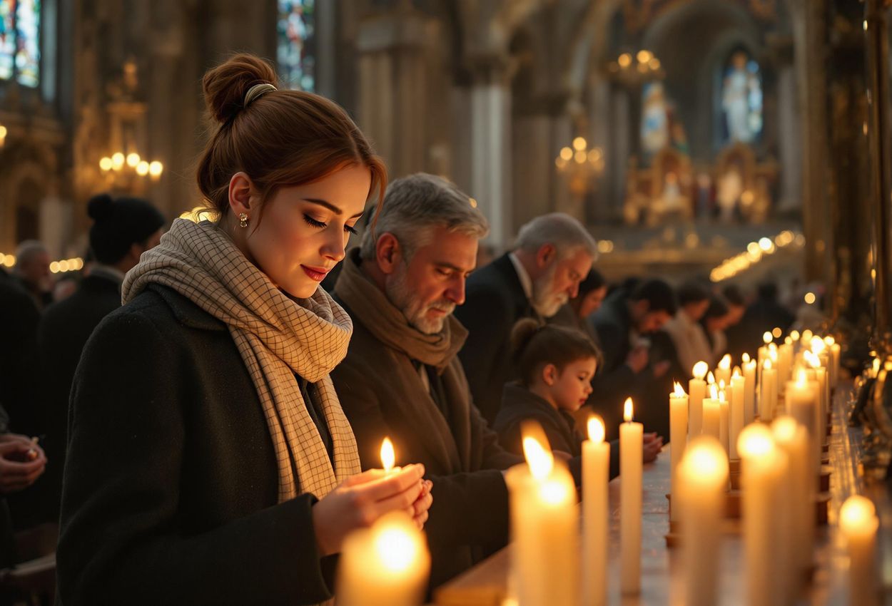 A wide-angle photograph captures visitors participating in a candle-lighting ceremony inside the ornate Wawel Cathedral in Krakow, Poland. The warm glow of the candles illuminates the faces of the participants, conveying a sense of reverence and community.