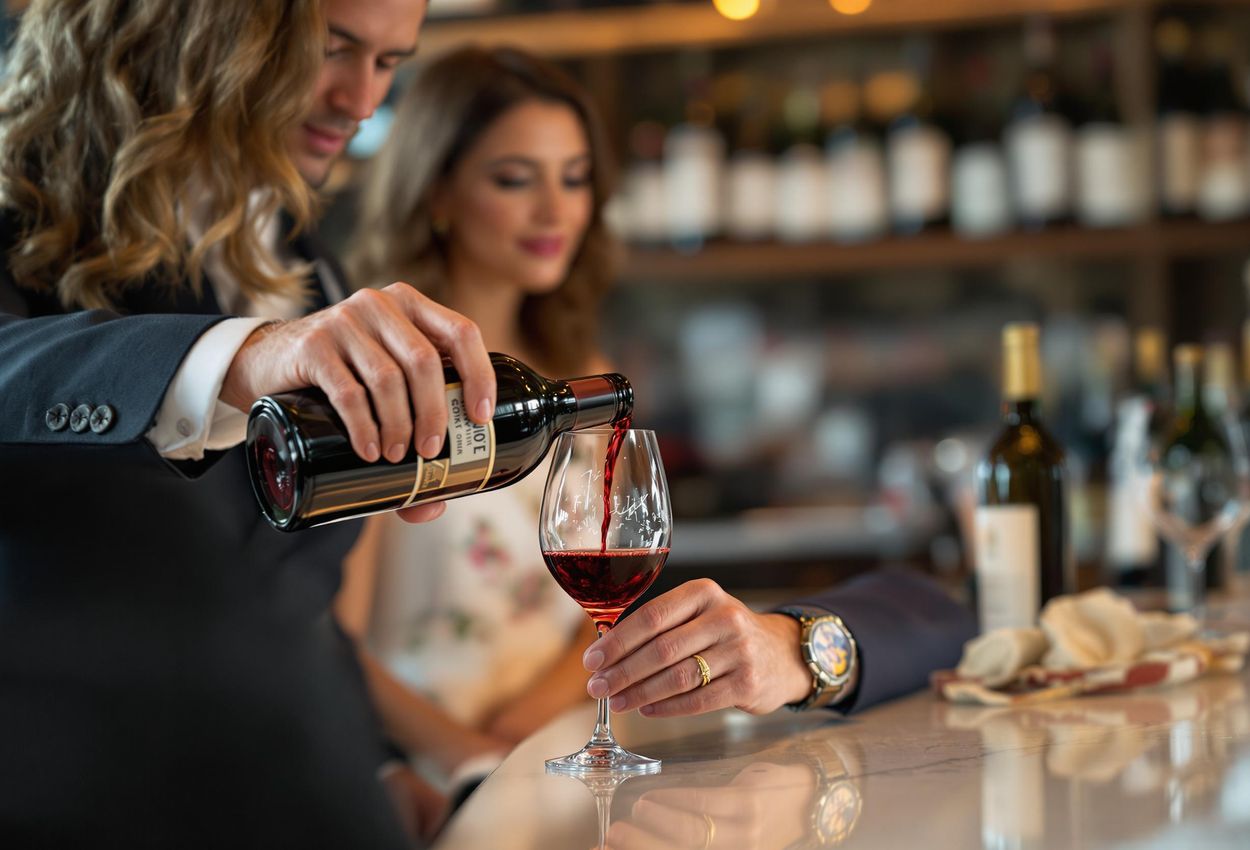 A close-up photo of Aldo Sohm pouring wine for a guest at the Cayman Cookout, capturing the expertise and passion of the sommeliers.