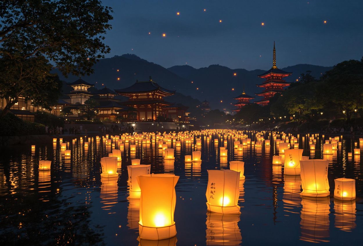 A captivating photograph of the Toro Nagashi ceremony during the Obon Festival in Kyoto, Japan. Glowing lanterns float down the river against the backdrop of traditional temples, creating a peaceful and spiritual scene.