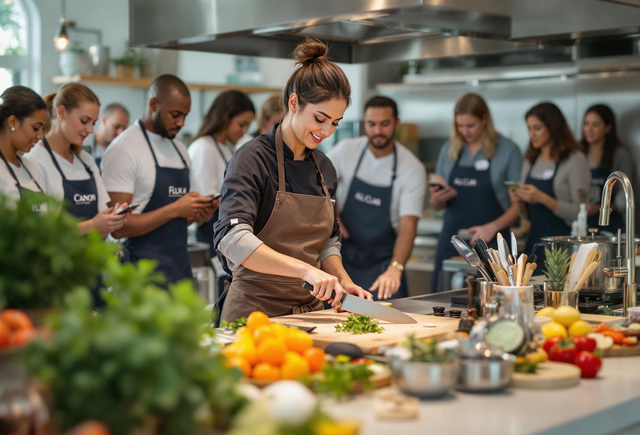 A medium shot of Kristen Kish demonstrating a cooking technique at the Cayman Cookout, surrounded by guests in a modern kitchen setting.