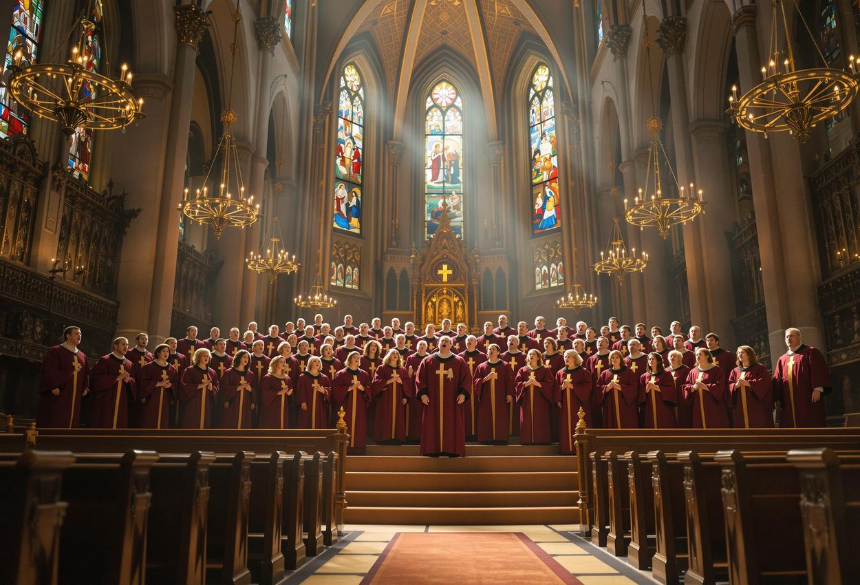 A photograph capturing a captivating religious ceremony within a grand cathedral, featuring a choir singing Gregorian chants amidst stunning architectural details and ethereal lighting.