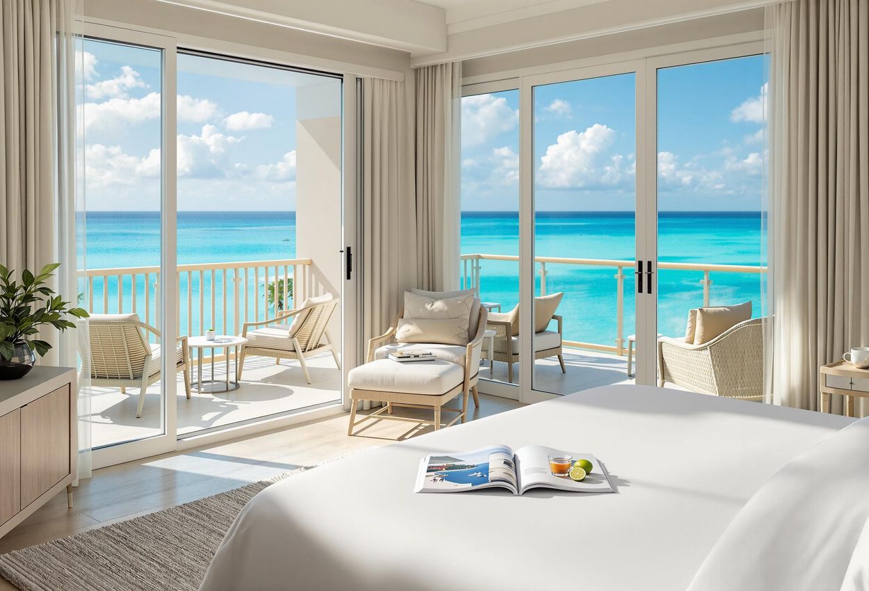 A photograph of a luxurious guest room at the Ritz-Carlton, Grand Cayman, featuring modern coastal decor and a stunning view of the turquoise Caribbean Sea.