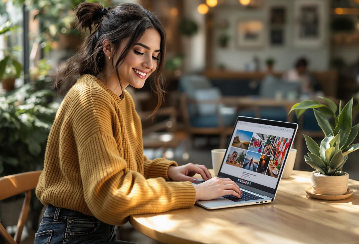 Photographer Sharing Cultural Insights in Delhi Coffee Shop A young photographer responsibly shares images and cultural context from Delhi in a candid coffee shop setting. A moment of connection and appreciation.