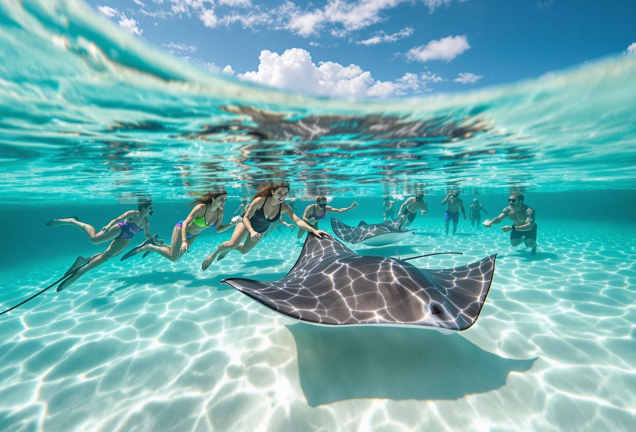 A serene underwater photograph of stingrays swimming in the shallow, crystal-clear waters of Stingray City, Grand Cayman, with tourists interacting with these gentle creatures.