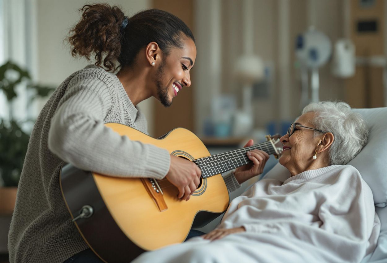 A touching photograph capturing a music therapist providing comfort and healing to a patient in a softly lit hospital room through the power of music.