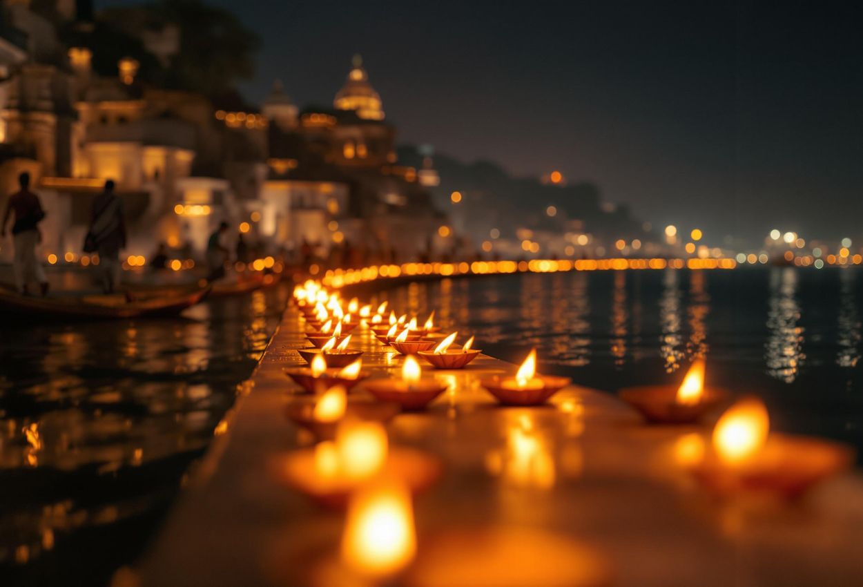 A serene photograph capturing the Diwali festival in Varanasi, India, with diyas illuminating the Ganges River and ancient temples.