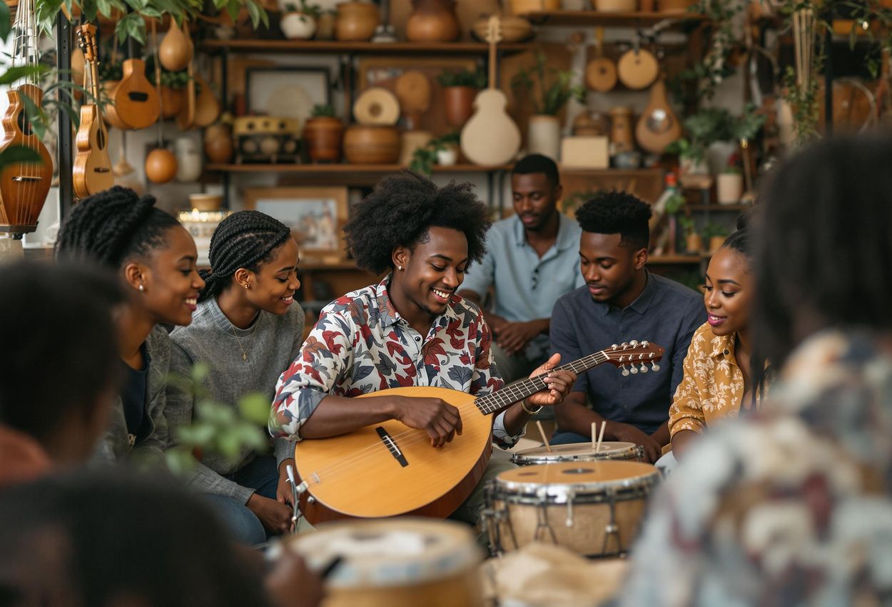 A photograph capturing a music workshop where young people learn about traditional instruments from different cultures, fostering understanding and community.