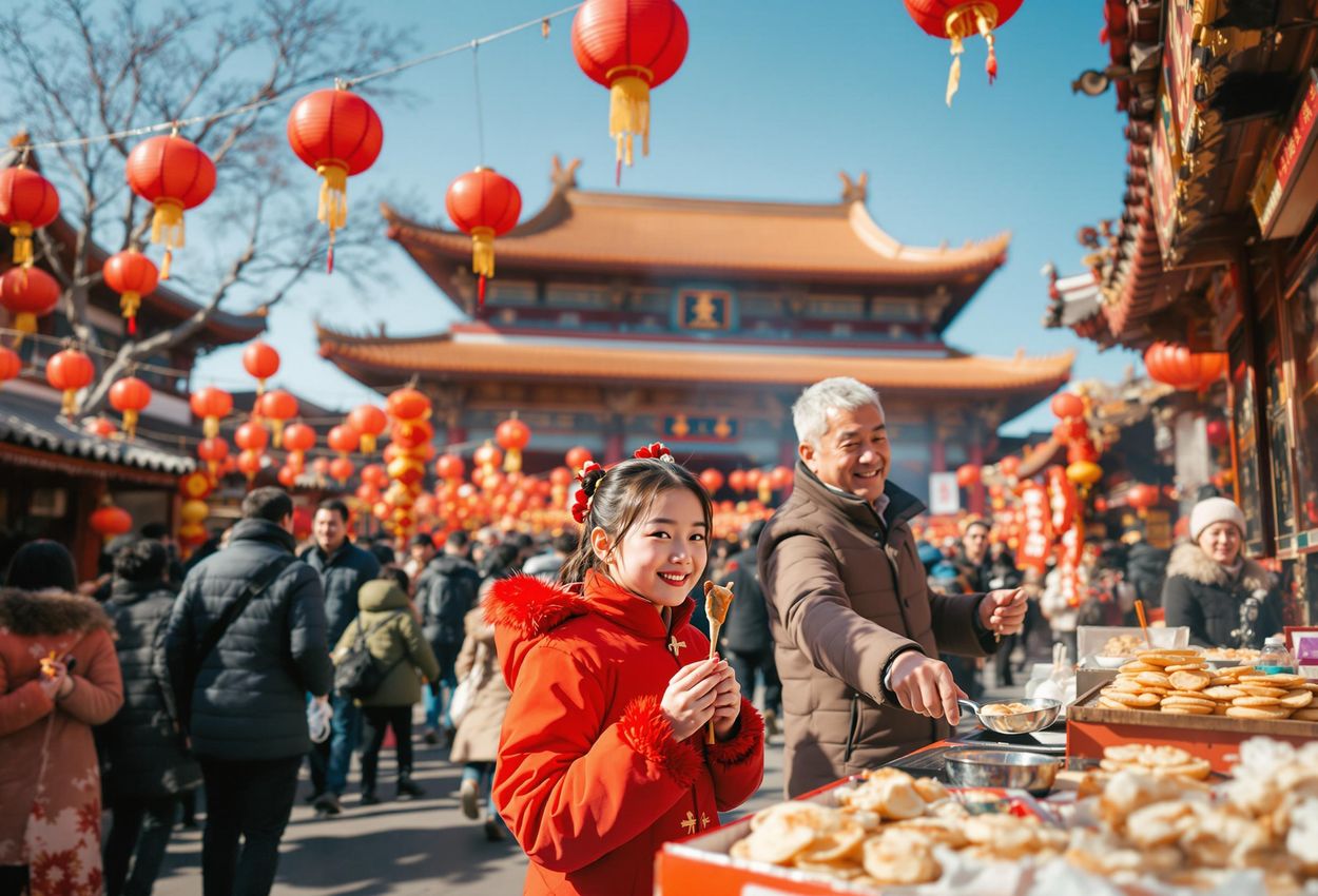 A vibrant photograph capturing the joyous atmosphere of a traditional Chinese New Year celebration at the Ditan Temple Fair in Beijing, filled with colorful lanterns, delicious street food, and the warmth of family and community.