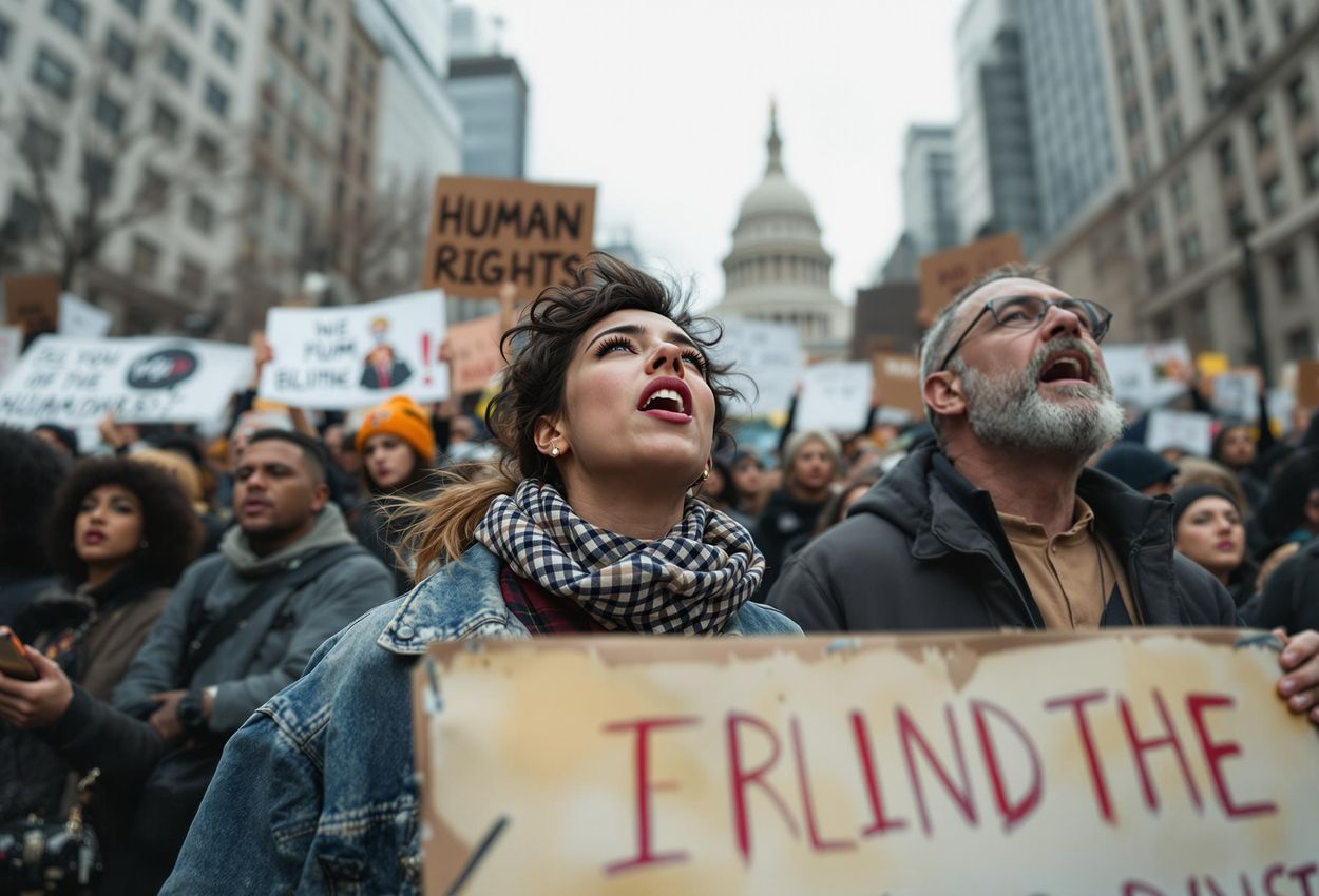 A photograph capturing a determined protest march in city streets, showcasing the solidarity and voices of the participants advocating for human rights.