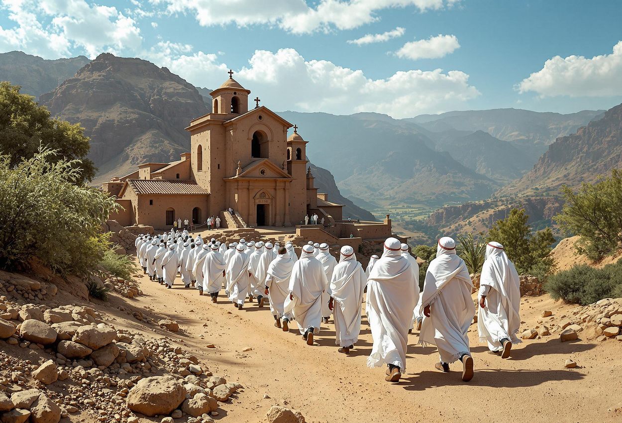 An eye-level photograph captures pilgrims in white shawls walking towards Bete Maryam church in Lalibela, Ethiopia, during the Ethiopian Christmas celebration. The landscape of mountains surrounding Lalibela is also captured.