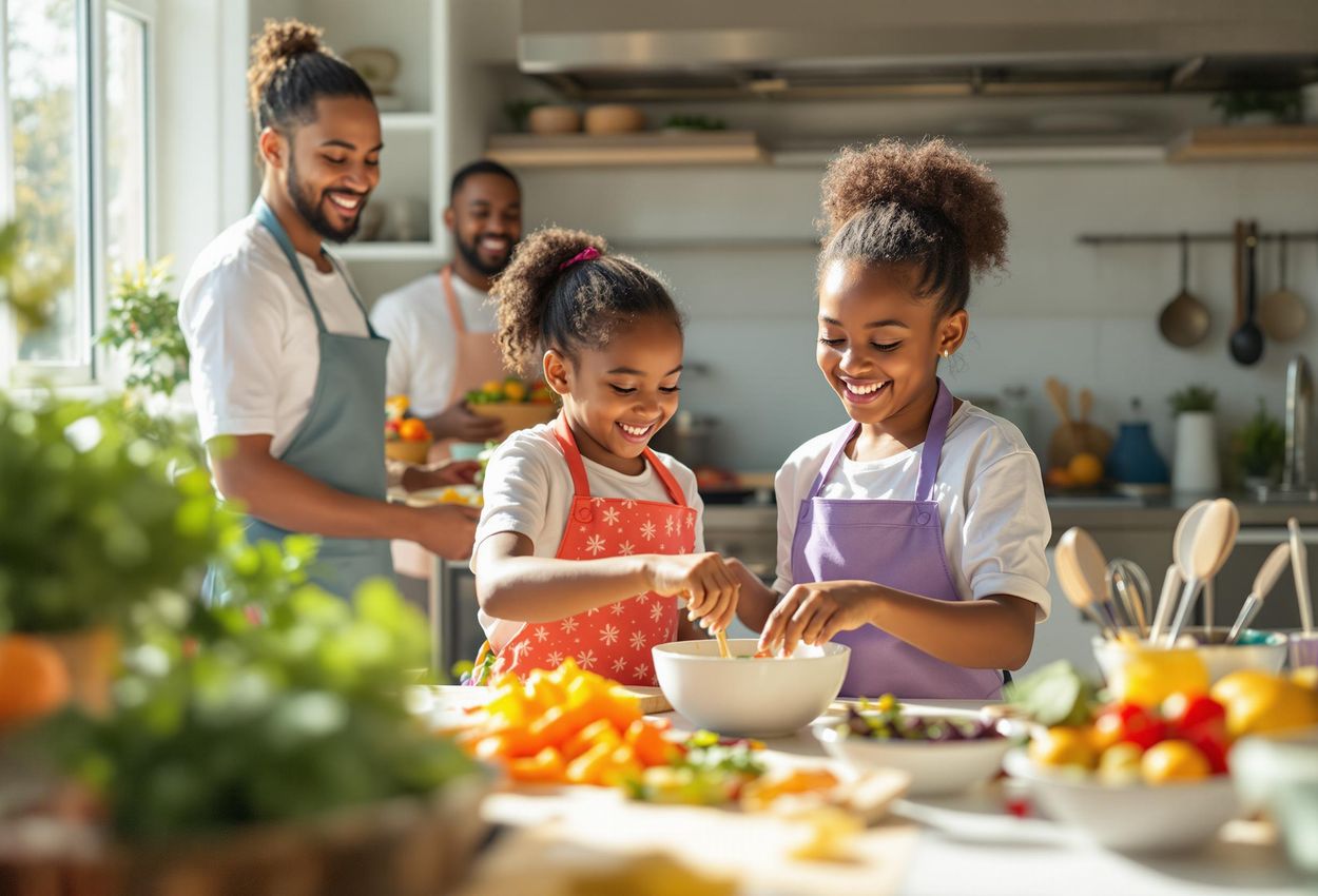 A heartwarming photograph of children participating in a cooking class, learning to prepare healthy meals with guidance from chefs in a cheerful kitchen environment.