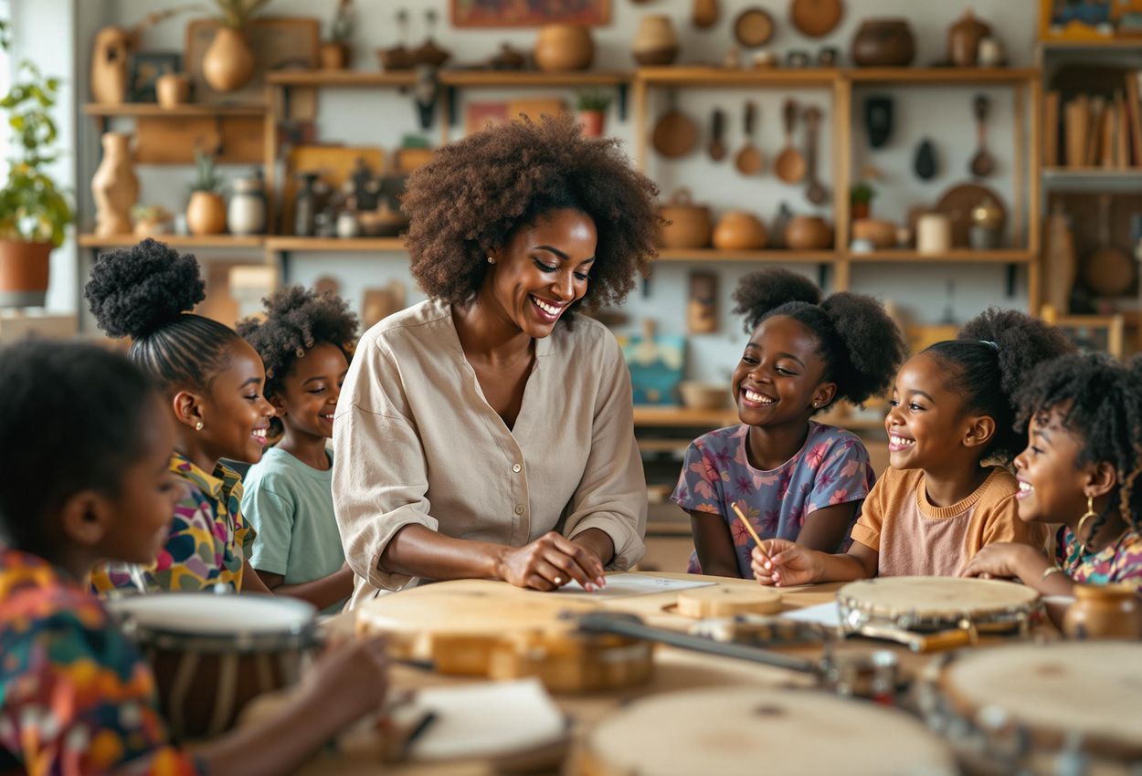A candid photograph capturing a music teacher and children joyfully learning traditional instruments in a brightly lit classroom filled with cultural artifacts.