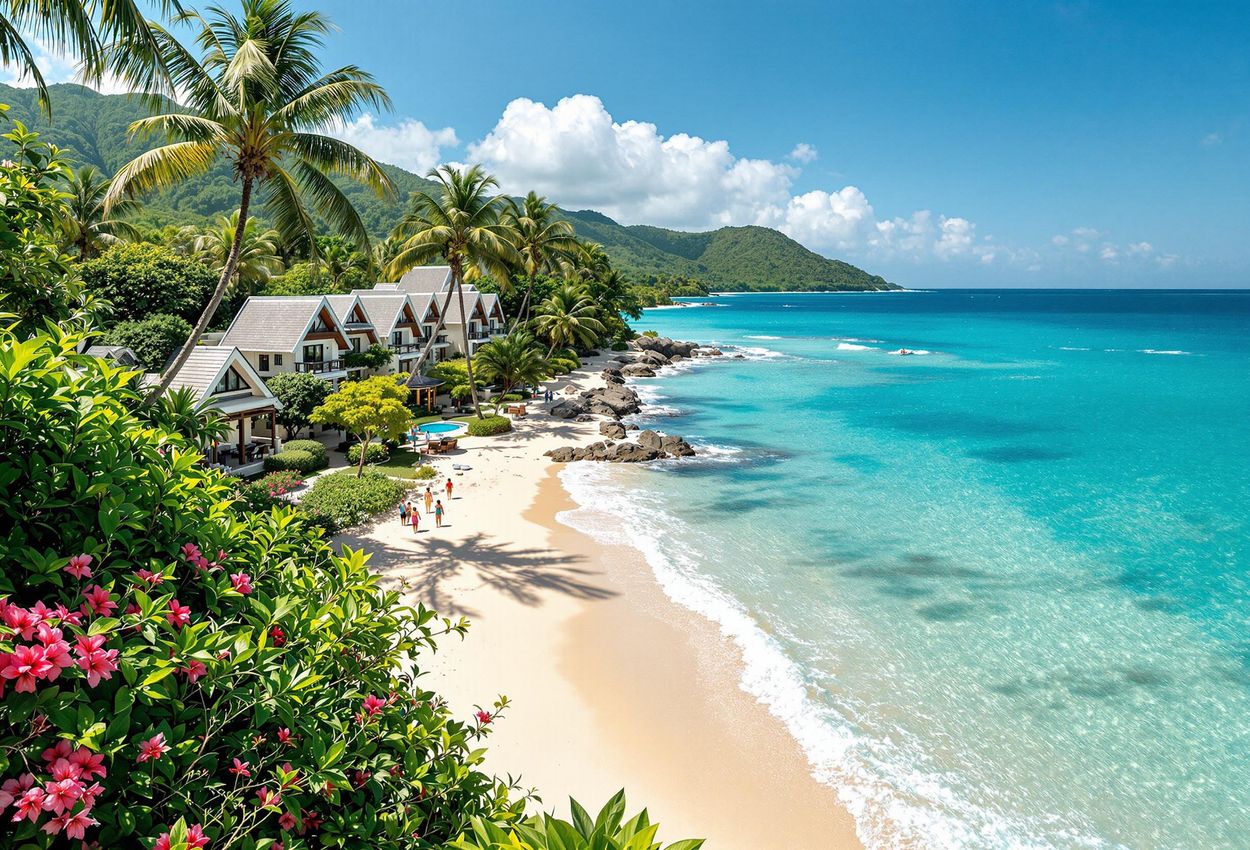 A stunning photograph of GoldenEye resort in Jamaica, showcasing its lush gardens, private beaches, and tranquil coves. A perfect getaway destination.