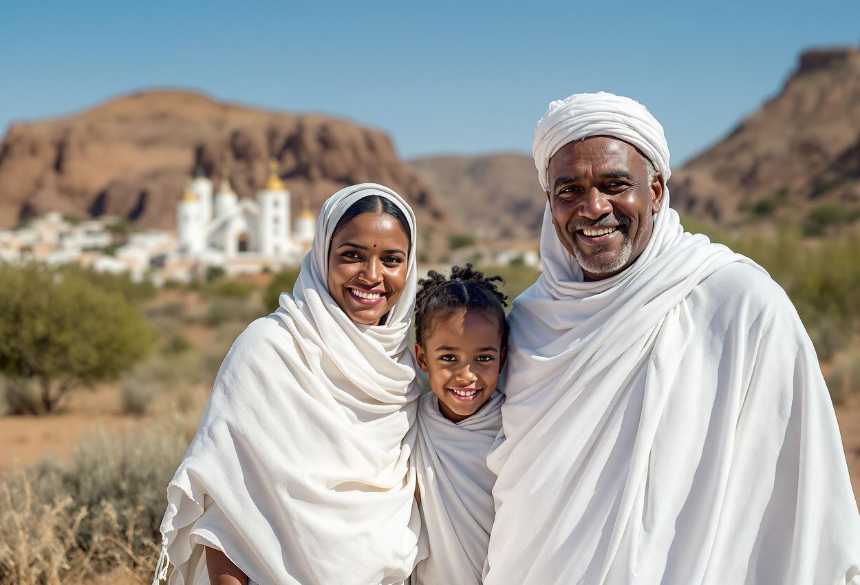 A photograph of an Ethiopian family, Dwalda Yigzauo, Gateier Ababa and their daughter, dressed in white shawls, walking towards the Lalibela churches for Ethiopian Christmas. Other pilgrims are in the background.