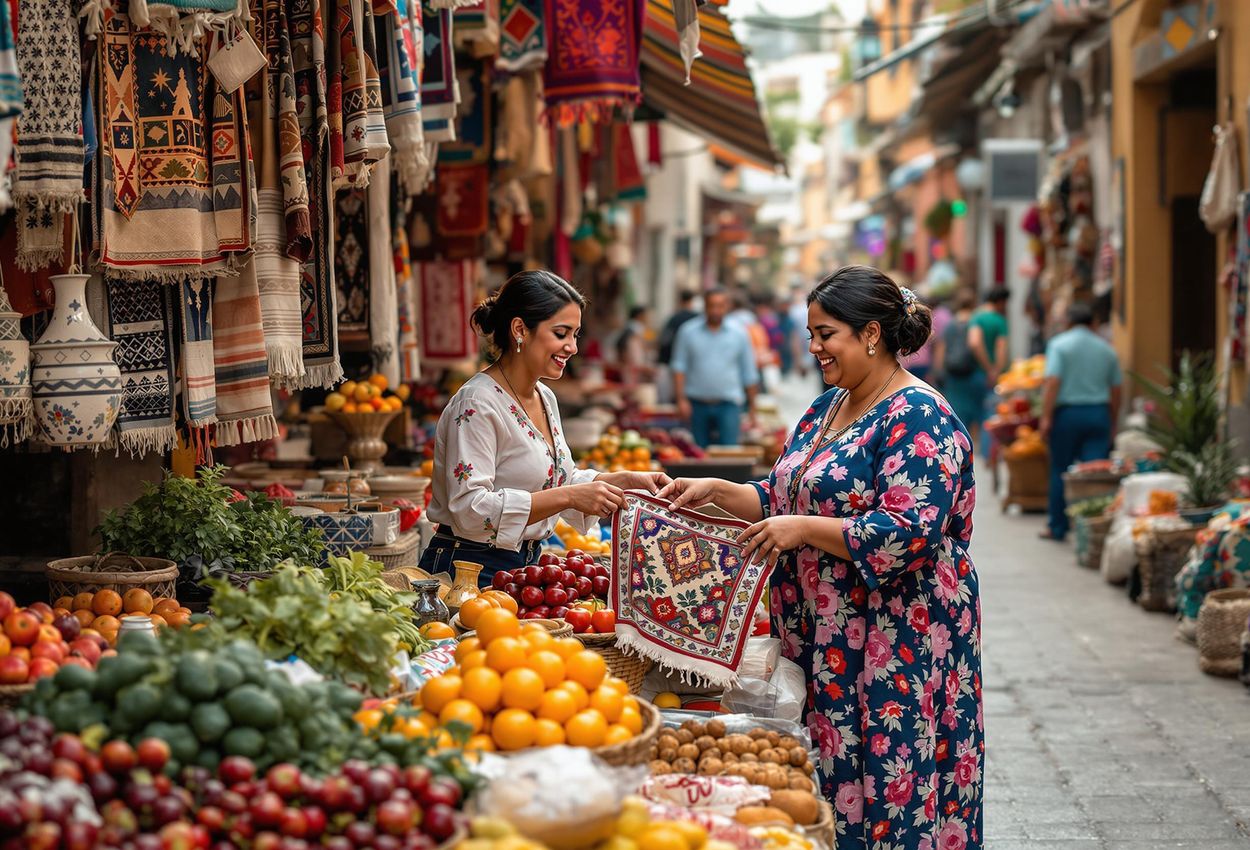 A traveler engages with local vendors in a bustling Oaxaca market, surrounded by colorful crafts, textiles, and food, capturing the essence of cultural exploration.