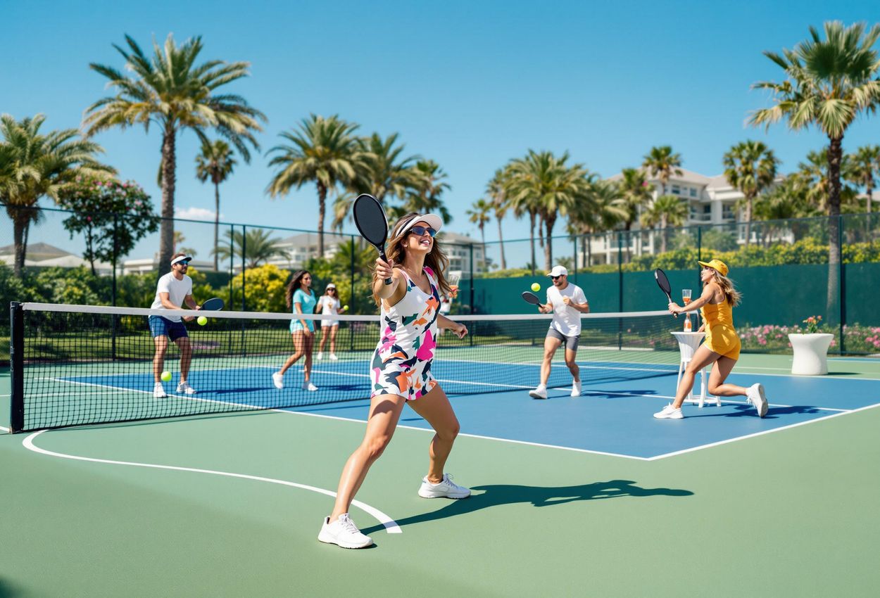 A vibrant photograph capturing a fun pickleball game with players enjoying Whispering Angel Rosé at a luxury resort on a sunny January day.