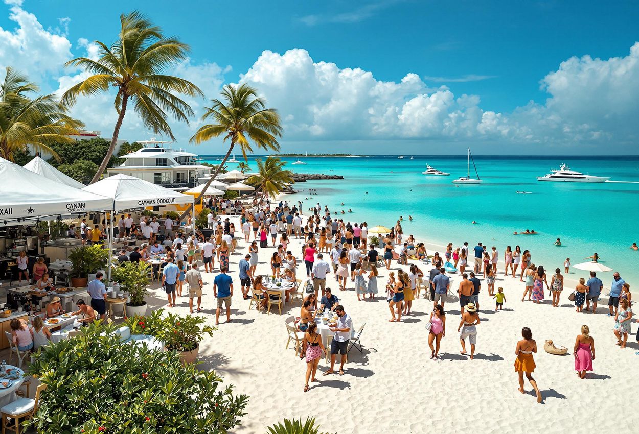An overview shot of the Cayman Cookout event on Grand Cayman, showcasing the variety of culinary activities and engaged guests.
