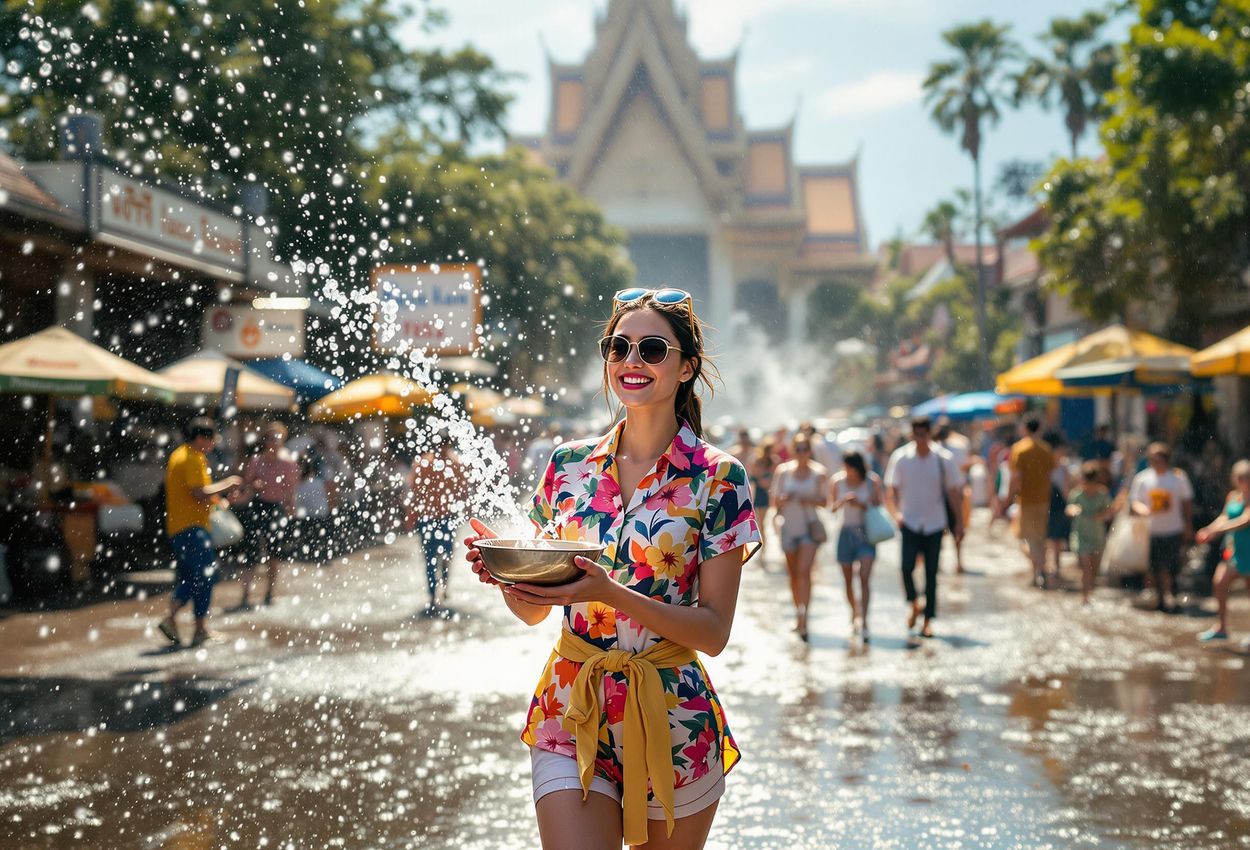 A wide-angle photograph captures the vibrant Songkran water festival in Chiang Mai, Thailand. A traveler joyfully participates, throwing water on locals amidst ancient temple architecture and bustling street stalls.