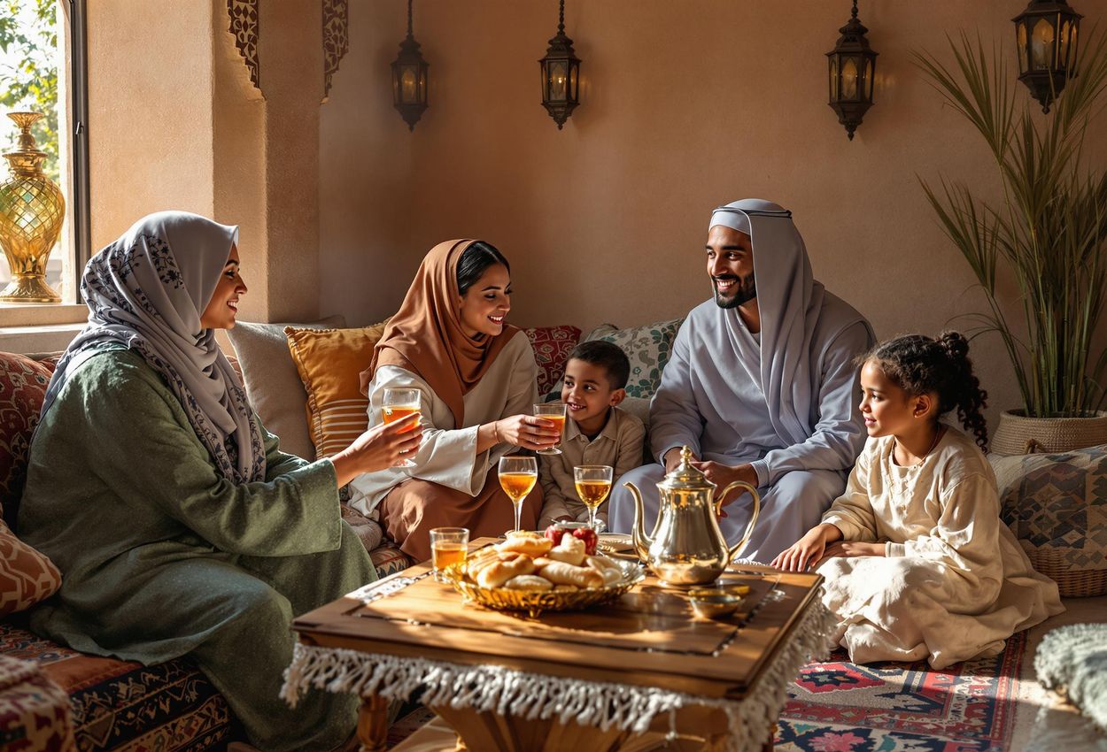 A medium shot captures a traveler sharing tea with a Moroccan family in their home, illustrating cultural exchange and hospitality.