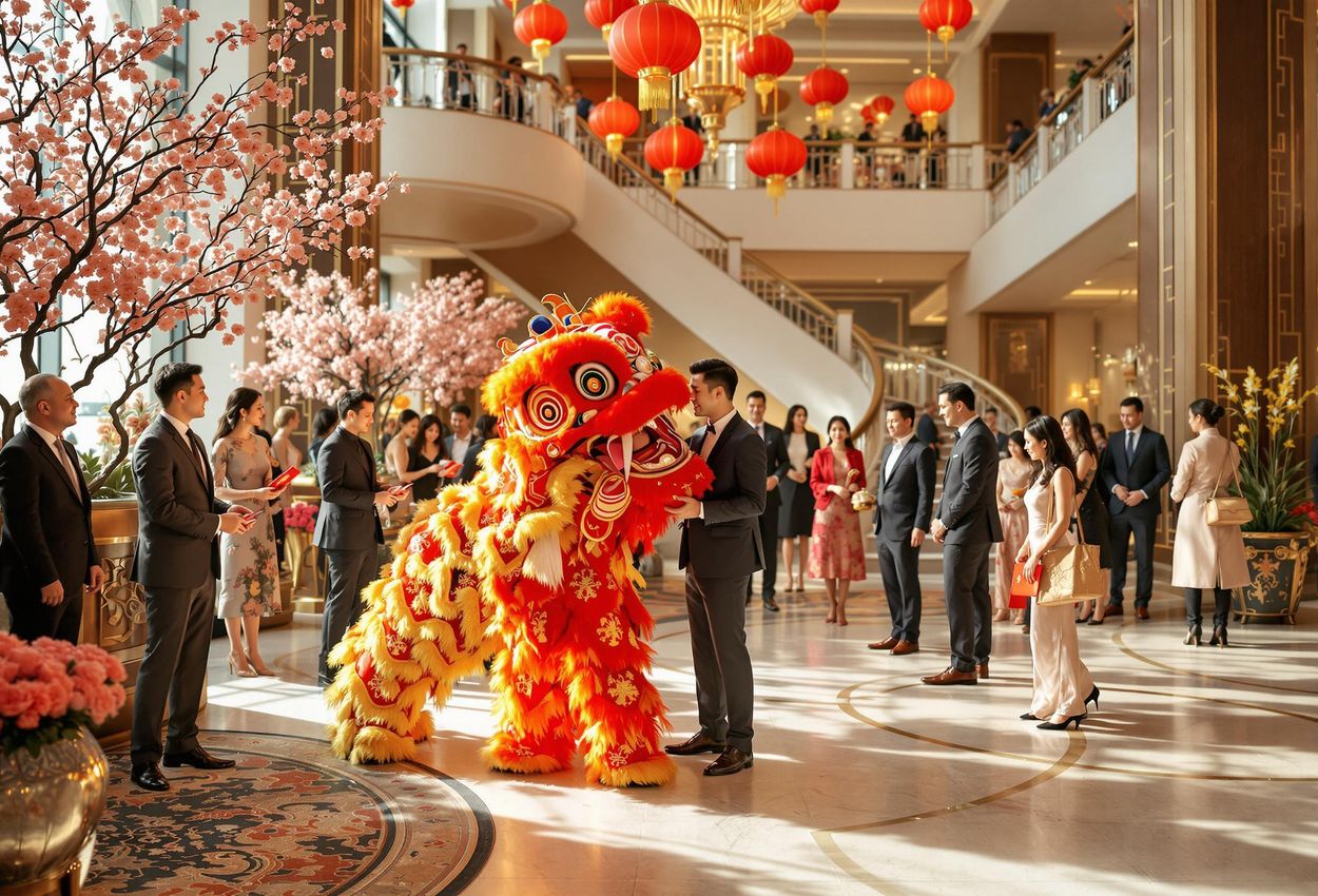 A photograph capturing the vibrant Lunar New Year festivities in the grand lobby of The Peninsula Shanghai, featuring a traditional lion dance and elegantly dressed guests.